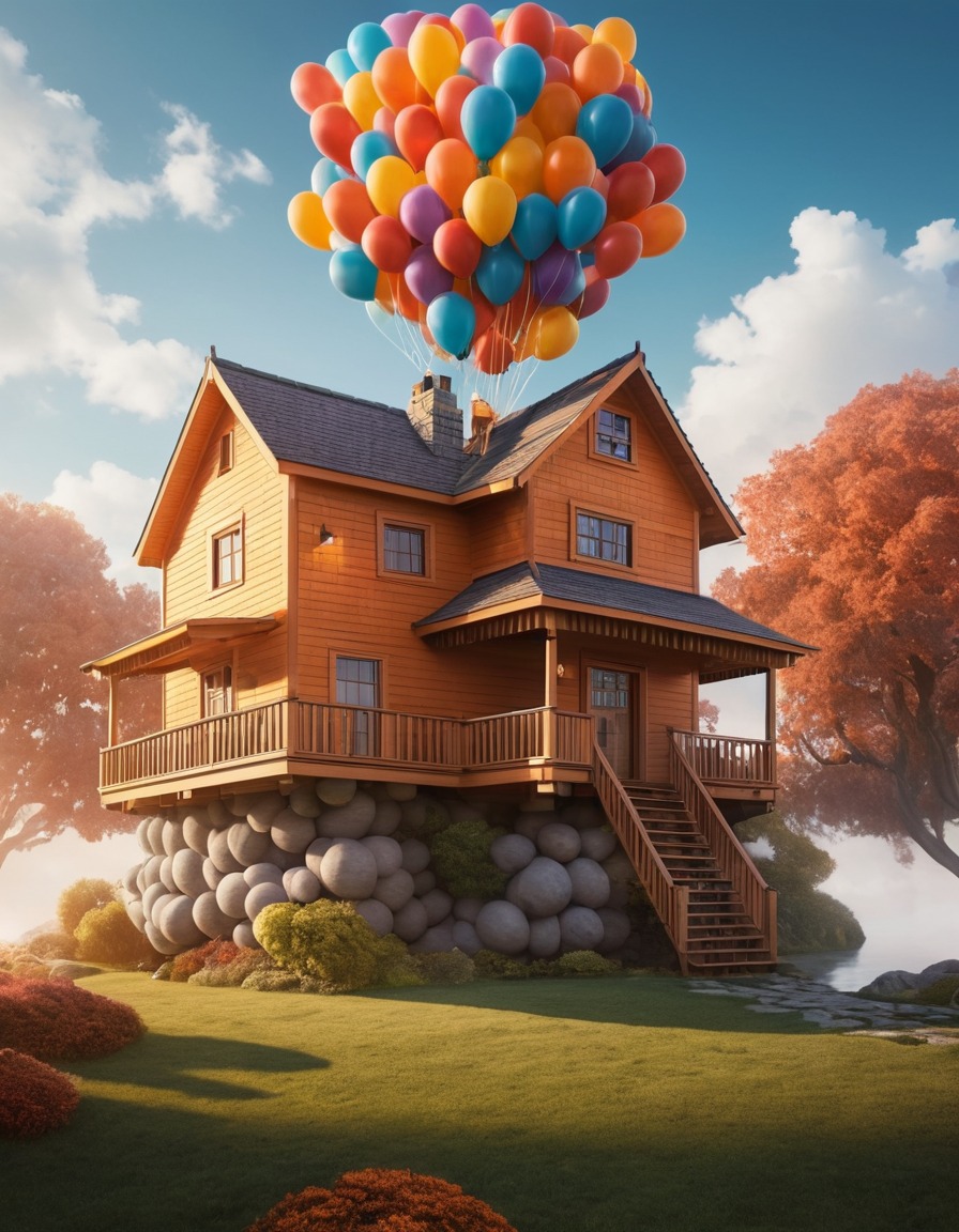 floating house, balloons, unusual architecture, aerial dwelling, incredible design, futuristic, gravity-defying