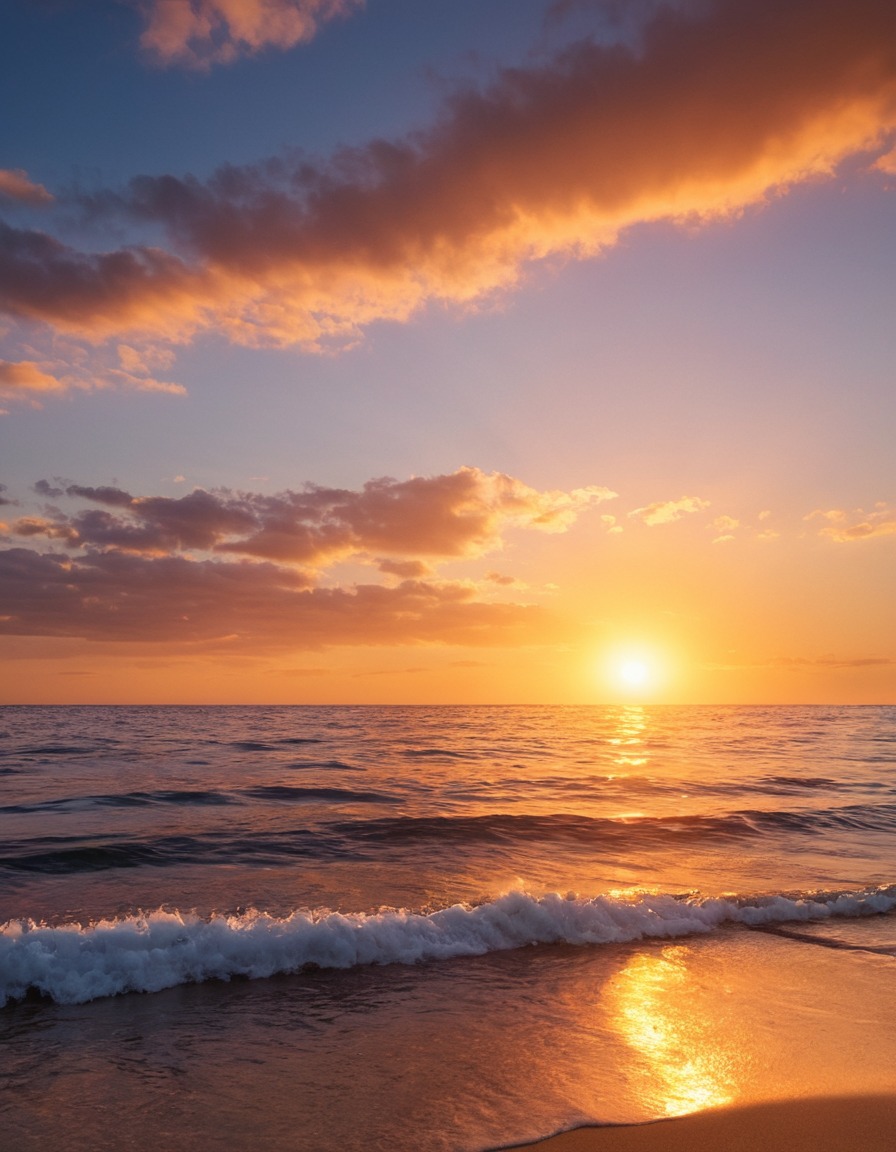 sunset, ocean, waves, golden glow