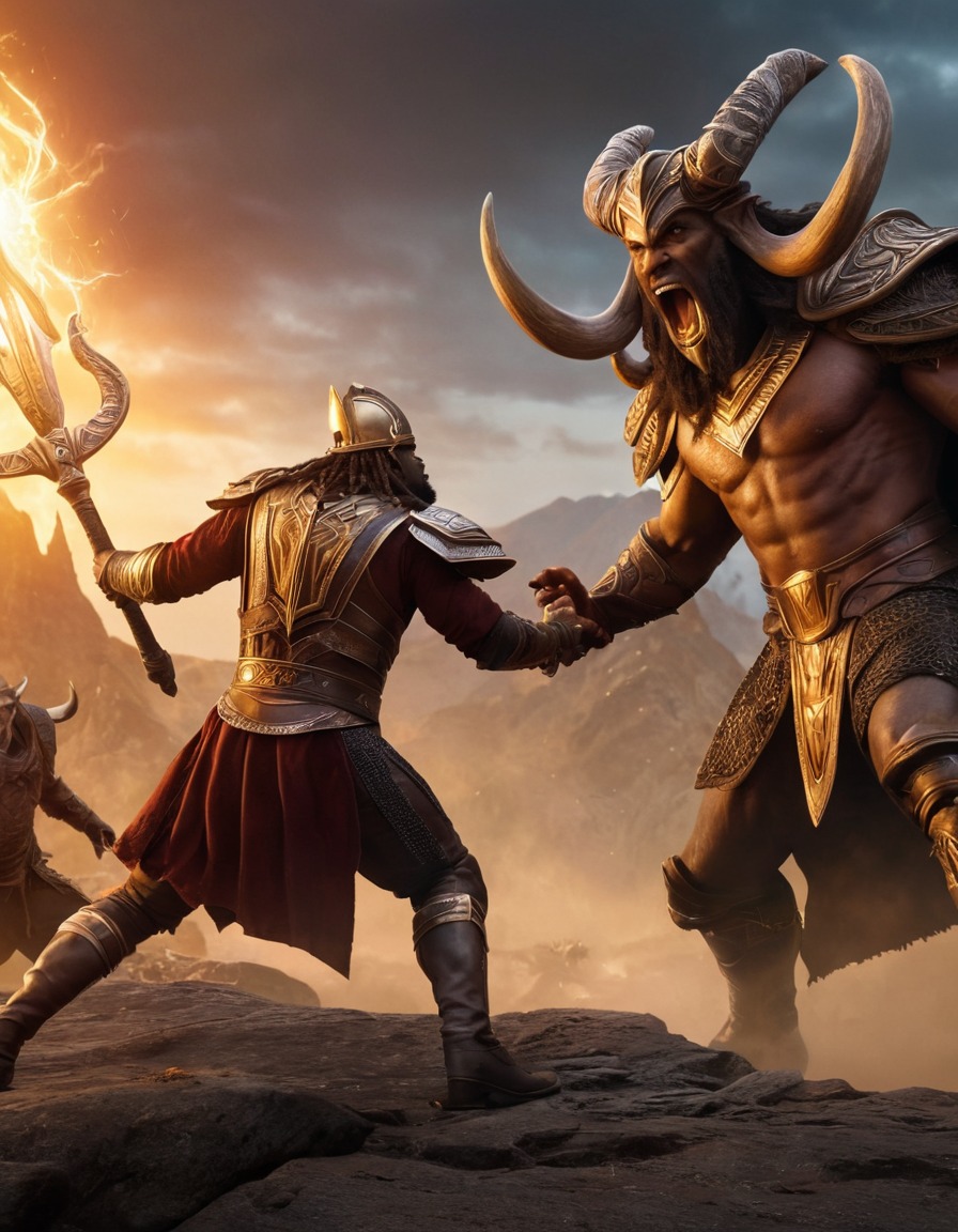 heimdall, norse mythology, fight scene, monsters, epic, warrior, battle