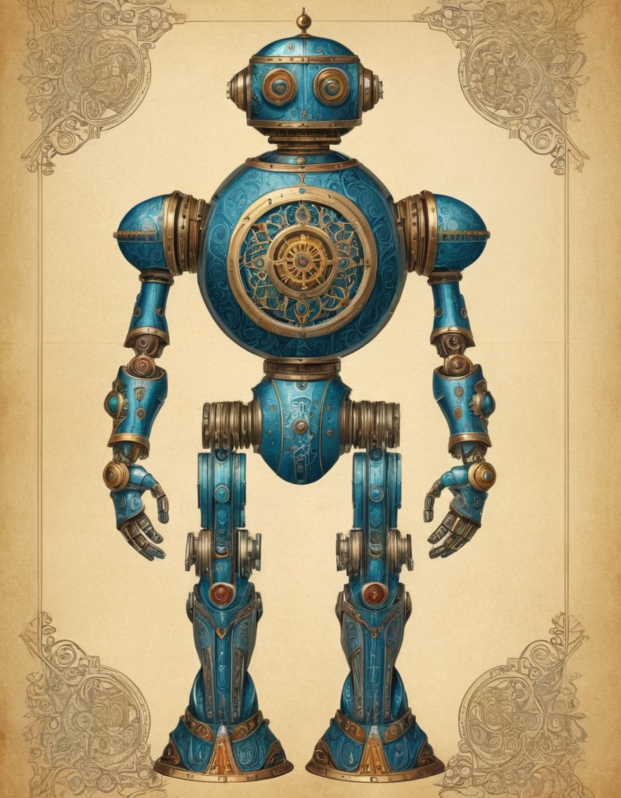 robot, futuristic, medieval, illuminated manuscript, art