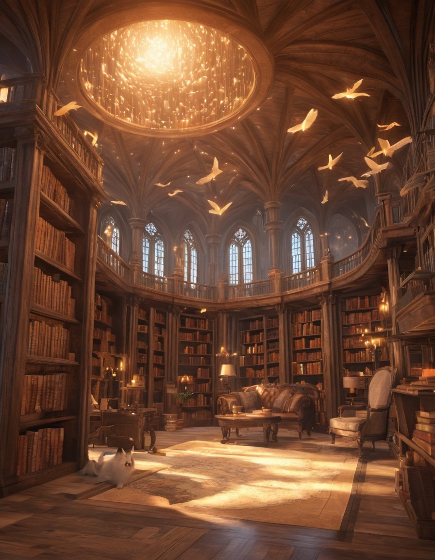 magical library, flying books, self-reading books, enchanted library, fantasy scene