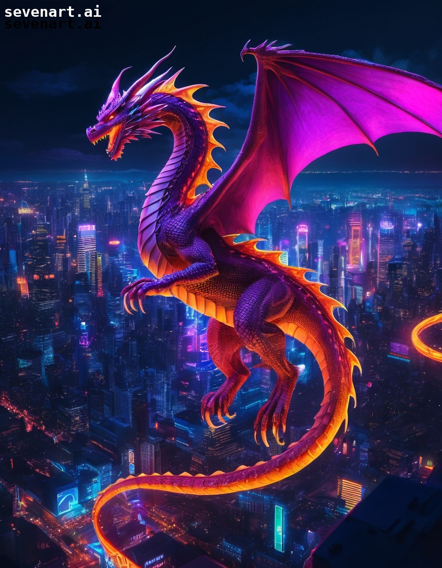 fantasy, dragon, cityscape, neon lights, night sky