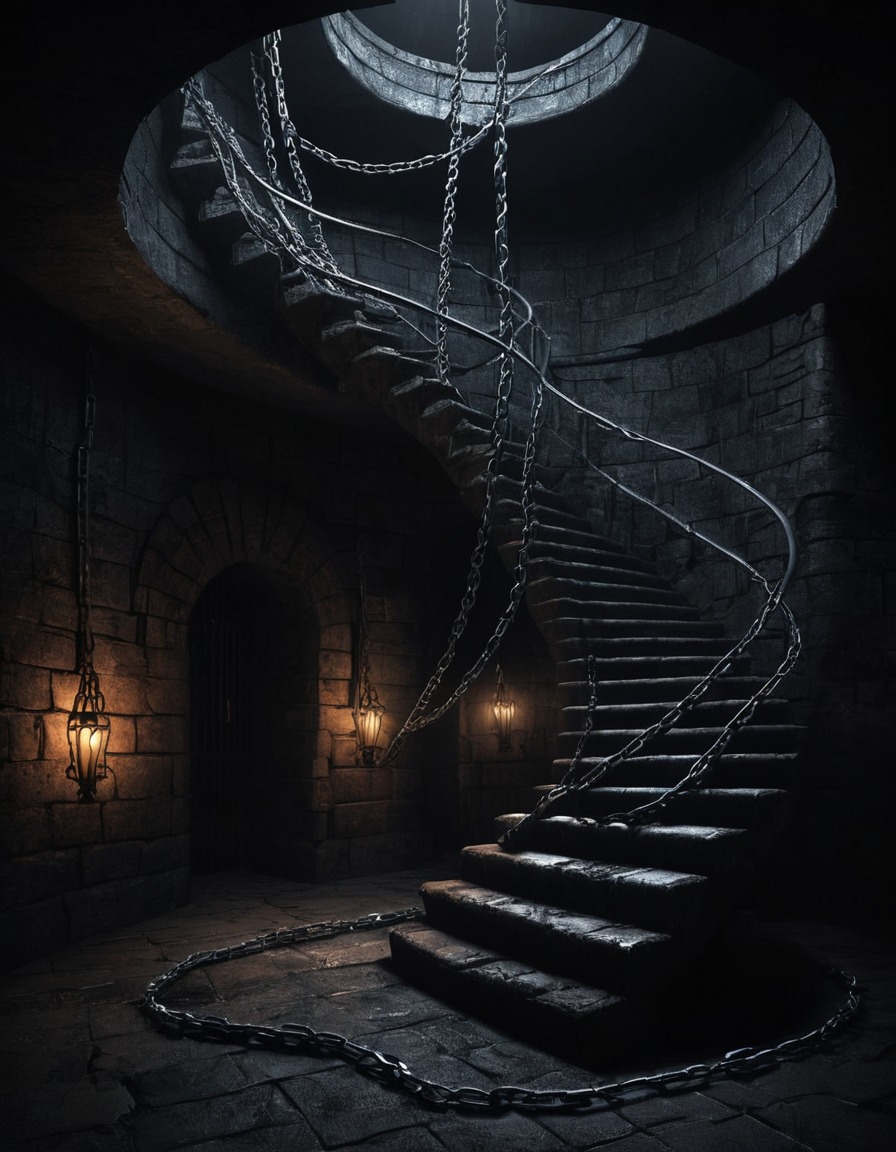 dungeon, staircase, chains, dark, underground, gothic