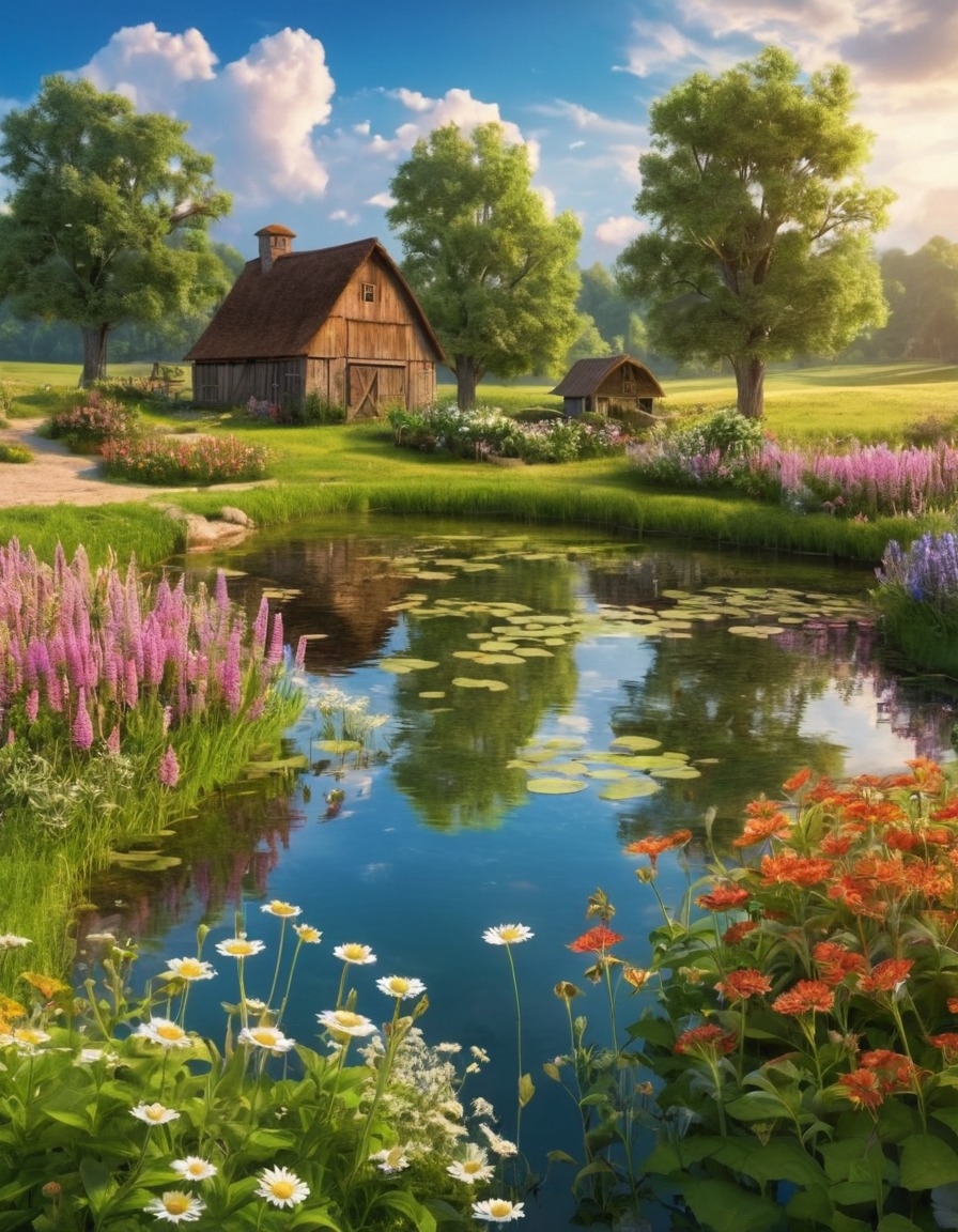 nature, farm pond, green fields, wildflowers