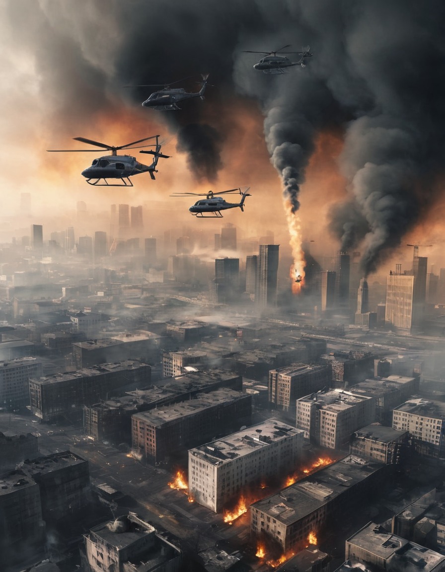 helicopters, city skyline, smoke, burning buildings, emergency, disaster, aerial view, war, usa