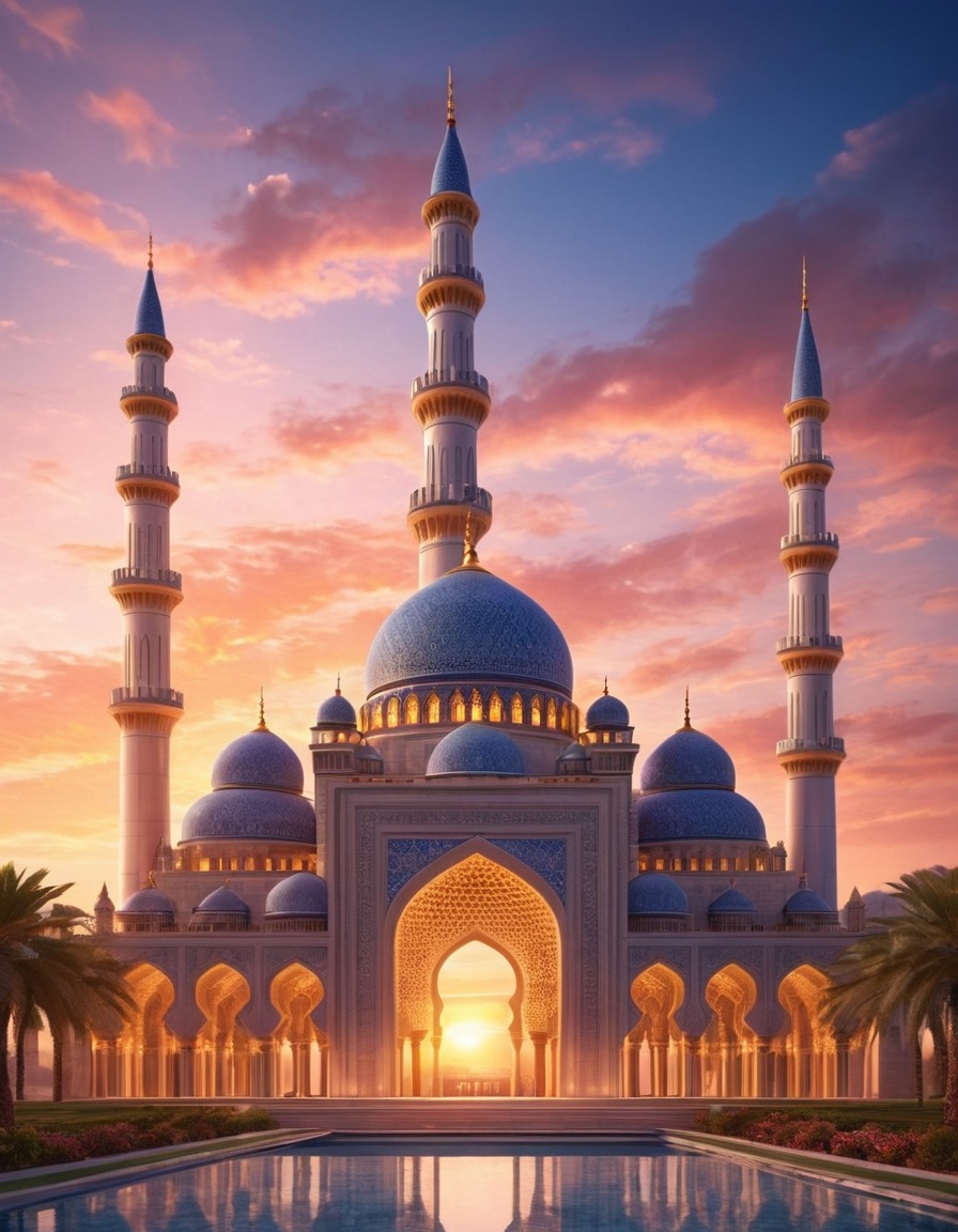 mosque, geometric patterns, minarets, sunset, architecture, islamic art