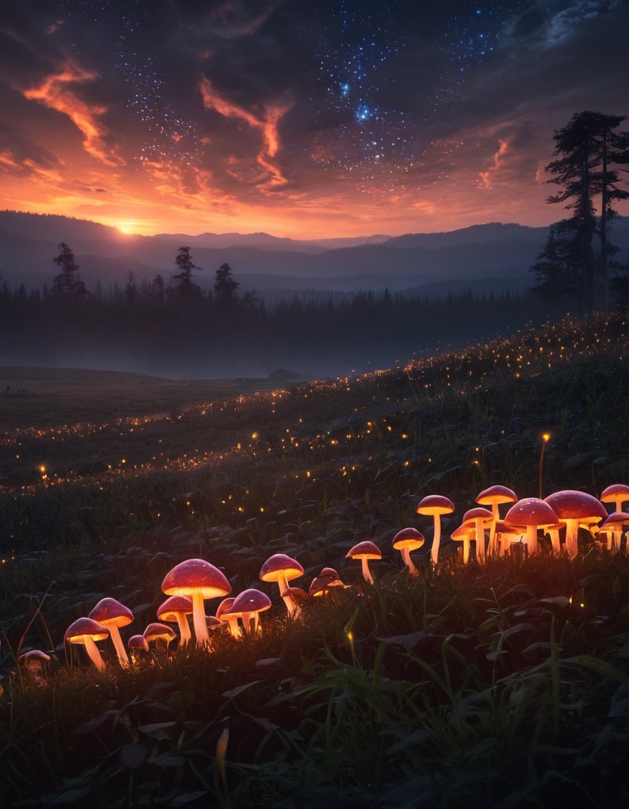 magical, sunset, field, mushrooms, fireflies, fantastic