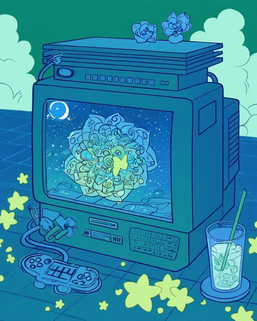 illustration, digital art, video games, katamari damacy, stars, playstation 2, crt tv, ps2 nostalgia, blue, teal, green, glowing effect, i left the lineart sitting my tablet for ages now it's finally done!!, one of my favorite games of that era, the fanart tag