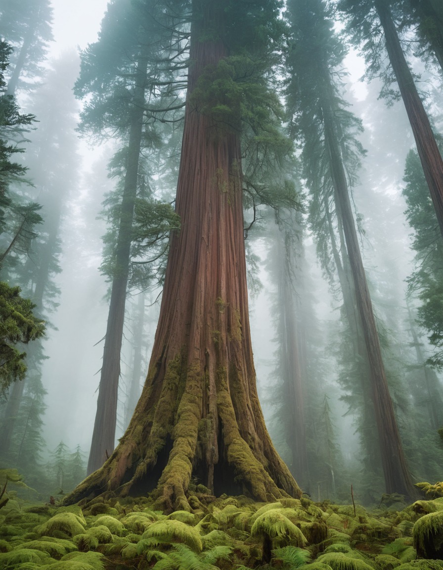 nature, redwood tree, forest, misty, moss, towering, sequoia sempervirens