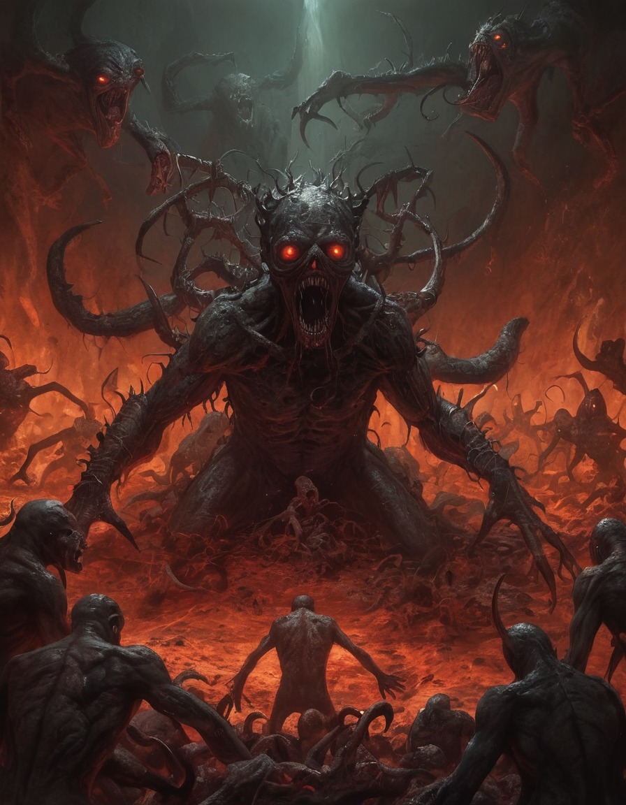 hell, swarmed, hideous creatures, horror, demonic, souls, underworld