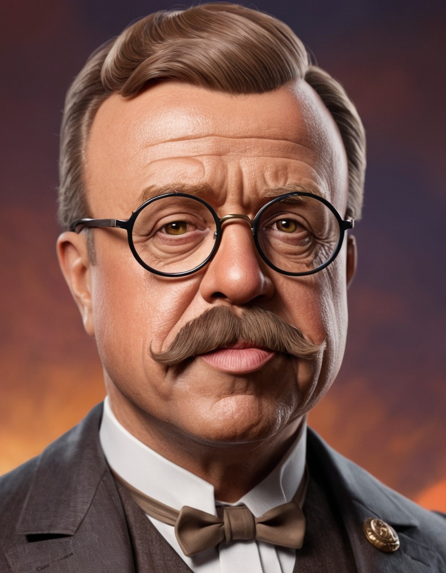 theodore roosevelt, caricature, exaggerated features, round glasses, funny