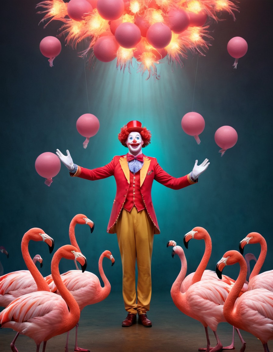 clown, juggling, flamingos, strange, circus, performance