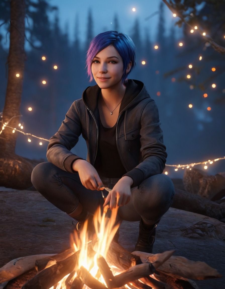 chloe price, campfire, fairy lights, outdoors, games, girls from games