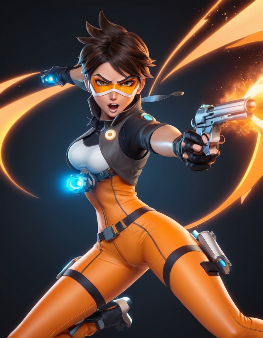 tracer, overwatch, video game, character, dual pistols, action pose, anime, games