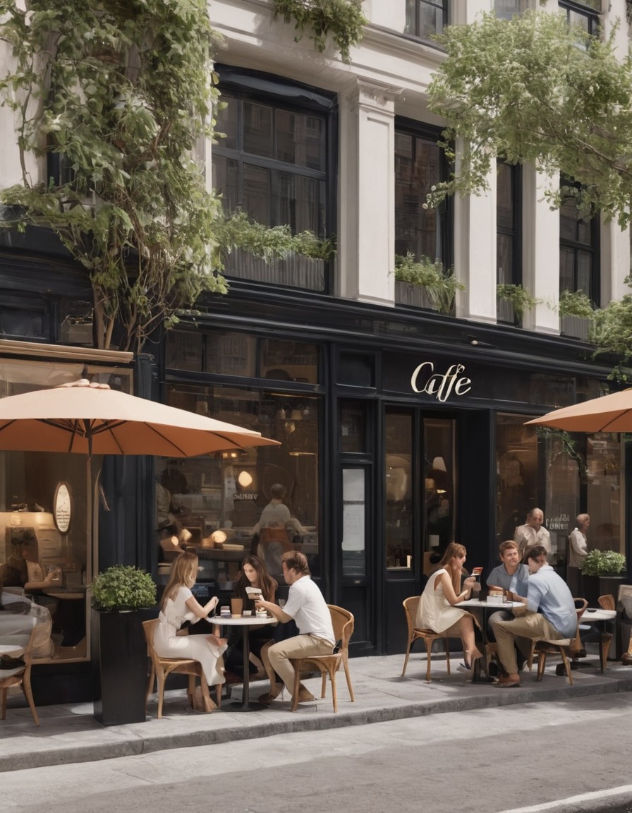 cafe, outdoor seating, people, conversation, bustling, modern city, city