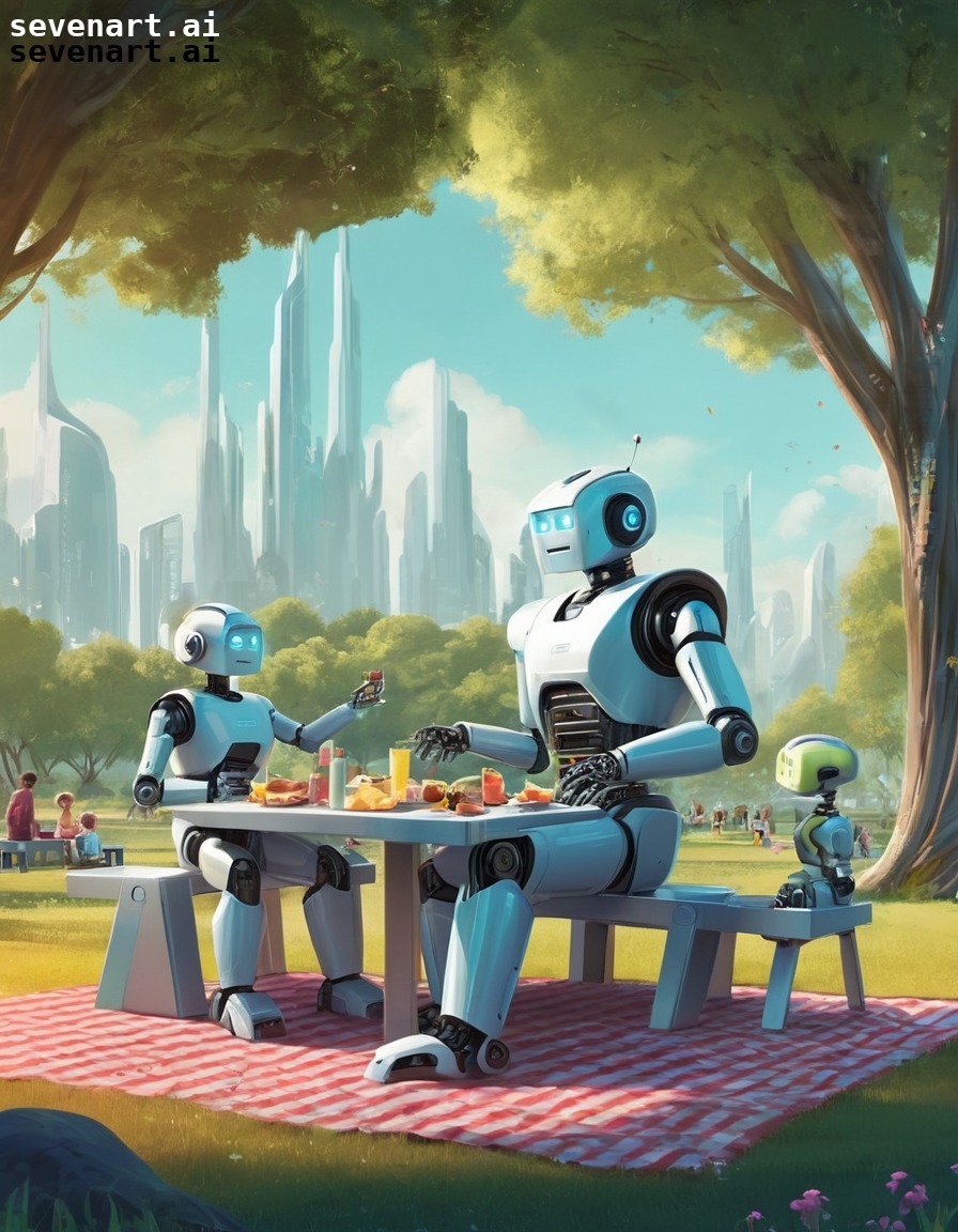 robots, family, picnic, futuristic, park