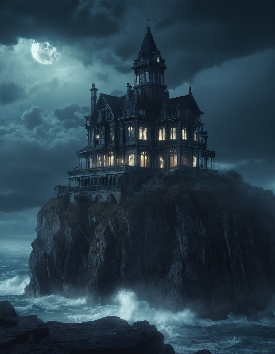 mansion, gothic, decaying, cliff, stormy seas, lovecraft, howard lovecraft