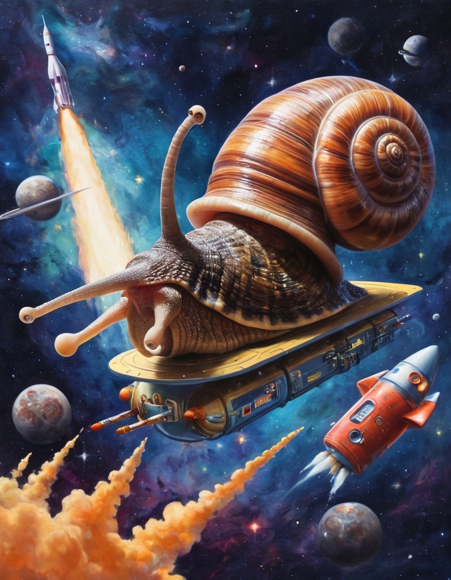 giant snail, rocket ship, outer space, racing, surreal