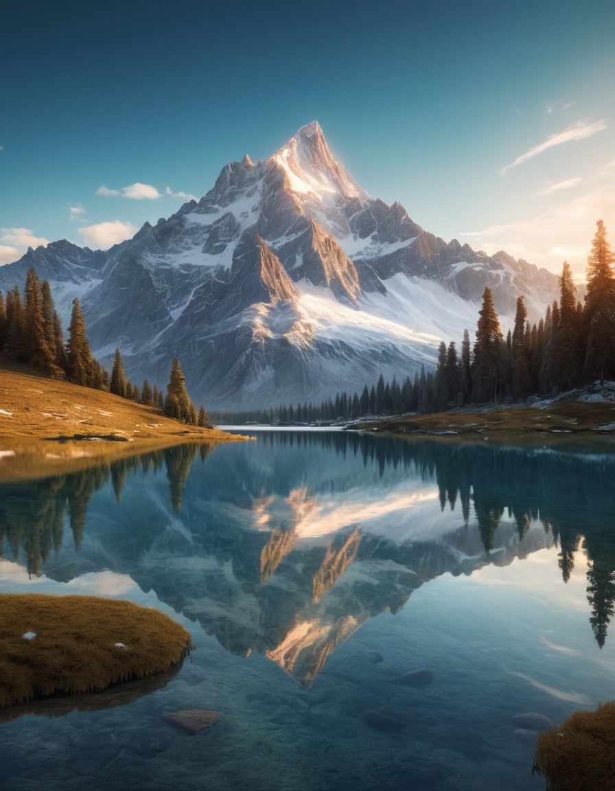 mountain, peak, lake, reflection, alpine, snow-capped, nature