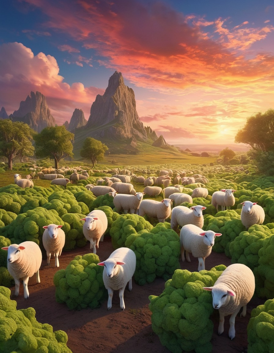 fantasy, mythical creatures, landscape, vegetable lambs of tartary, colorful sky, lush vegetation