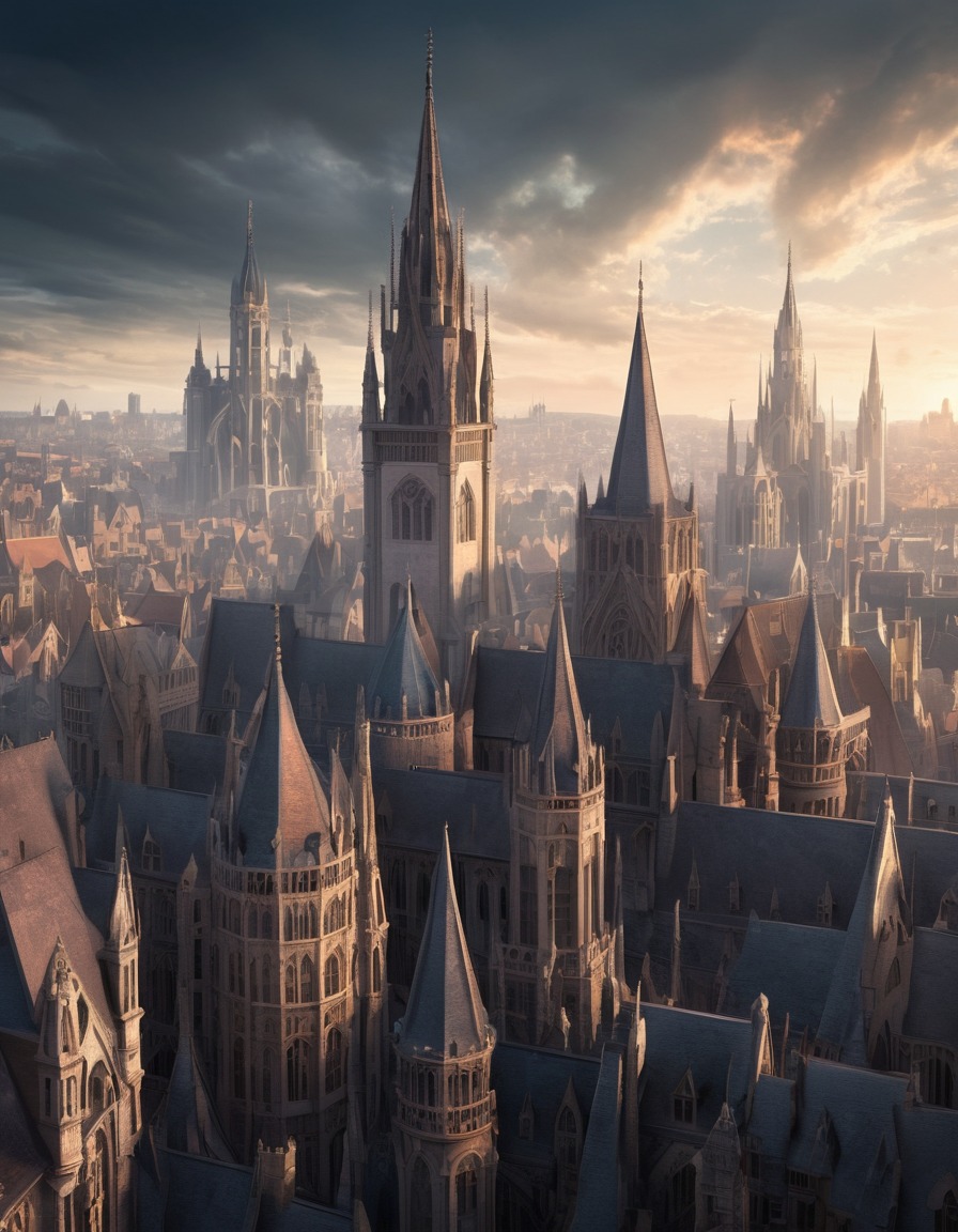 cityscape, skyline, spires, gargoyles, gothic architecture, urban landscape, architecture