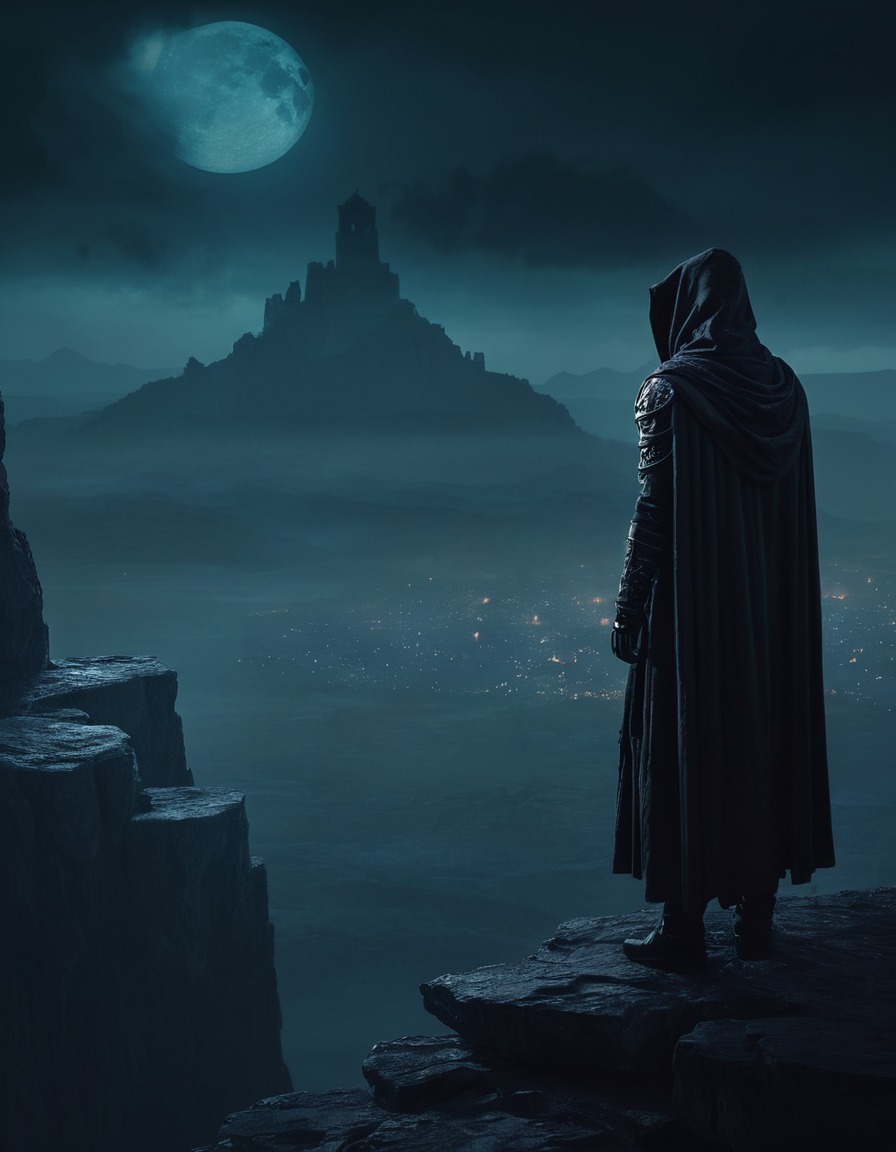 mystery, cityscape, hooded figure, ancient city, cliff viewing, lovecraft, howard lovecraft