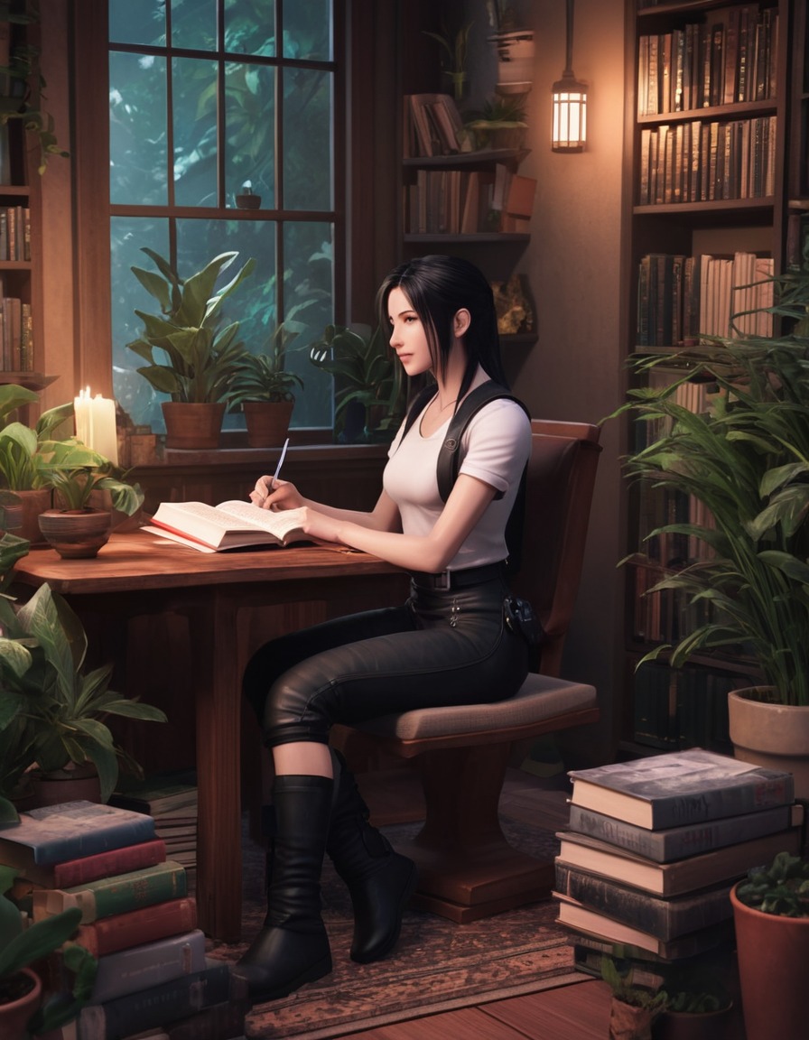 tifa lockhart, final fantasy vii, cozy home, plants, books, games, girls from games