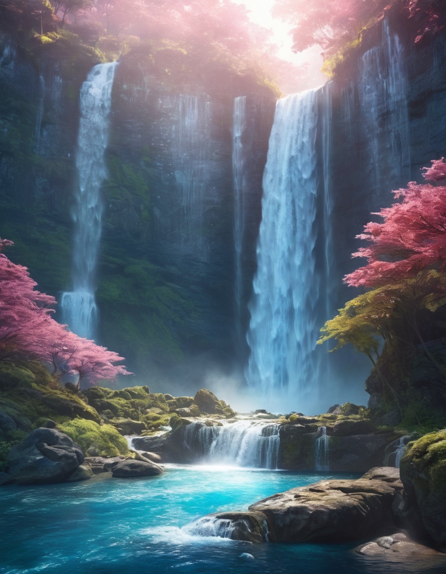 waterfall, crystals, ethereal beings, nature, magic, fantastic