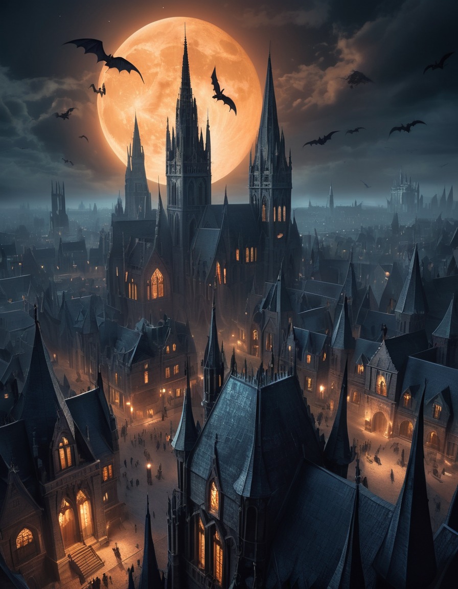 cityscape, nighttime, eerie, gothic, spires, gargoyles, architecture