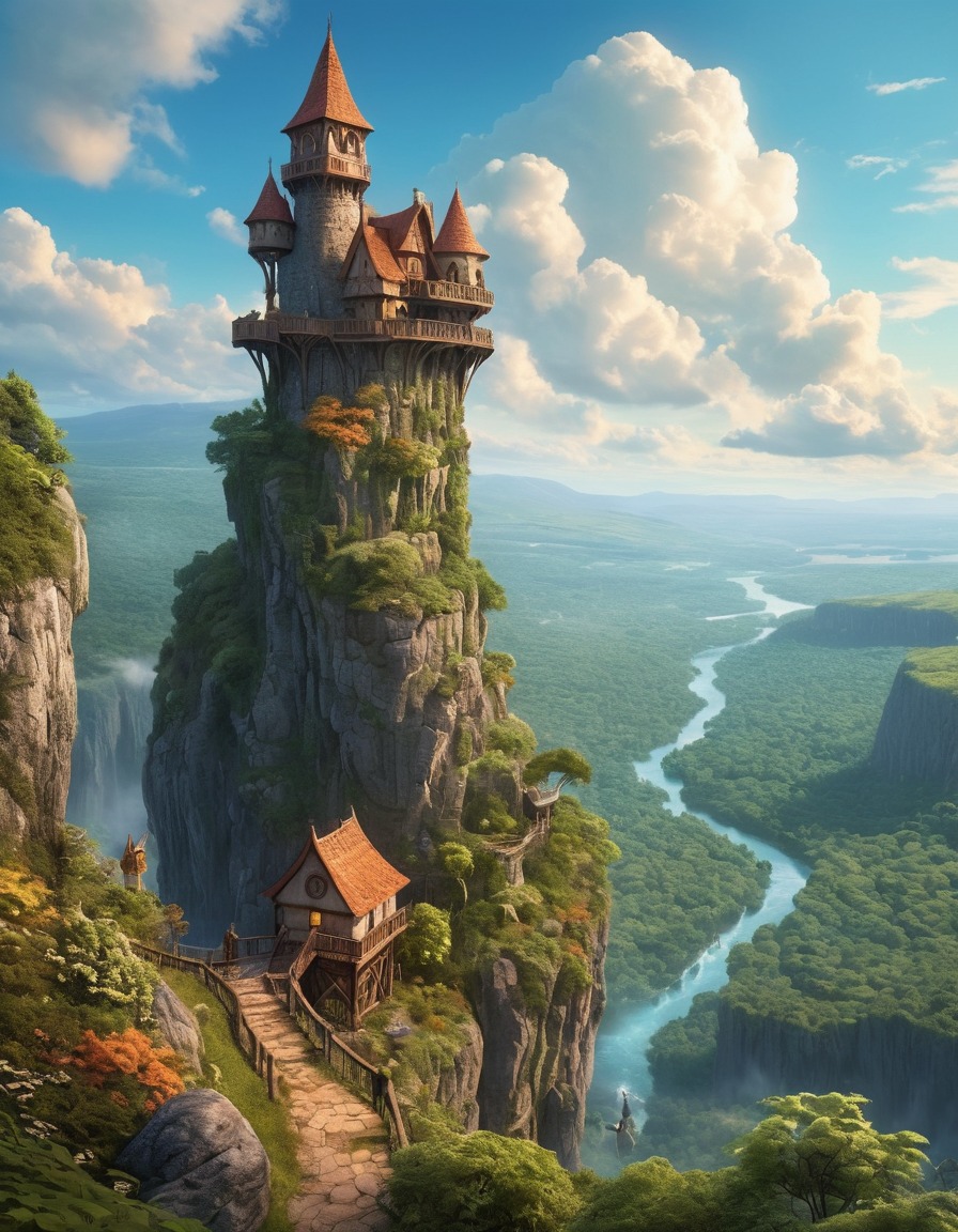 wizard's tower, cliff, valley, fantastical creatures, lush vegetation, fantastic