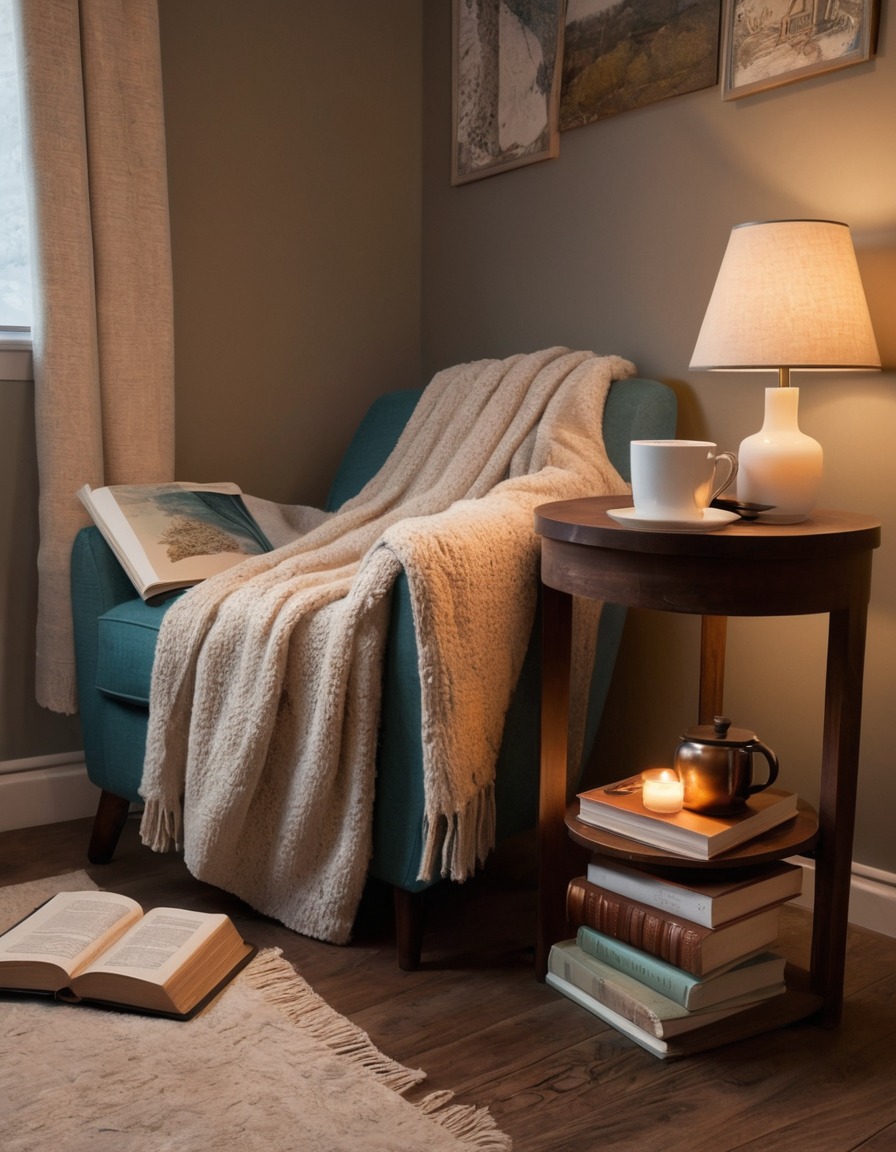 cozy, reading nook, books, tea, blanket, home, cozy corner, interior