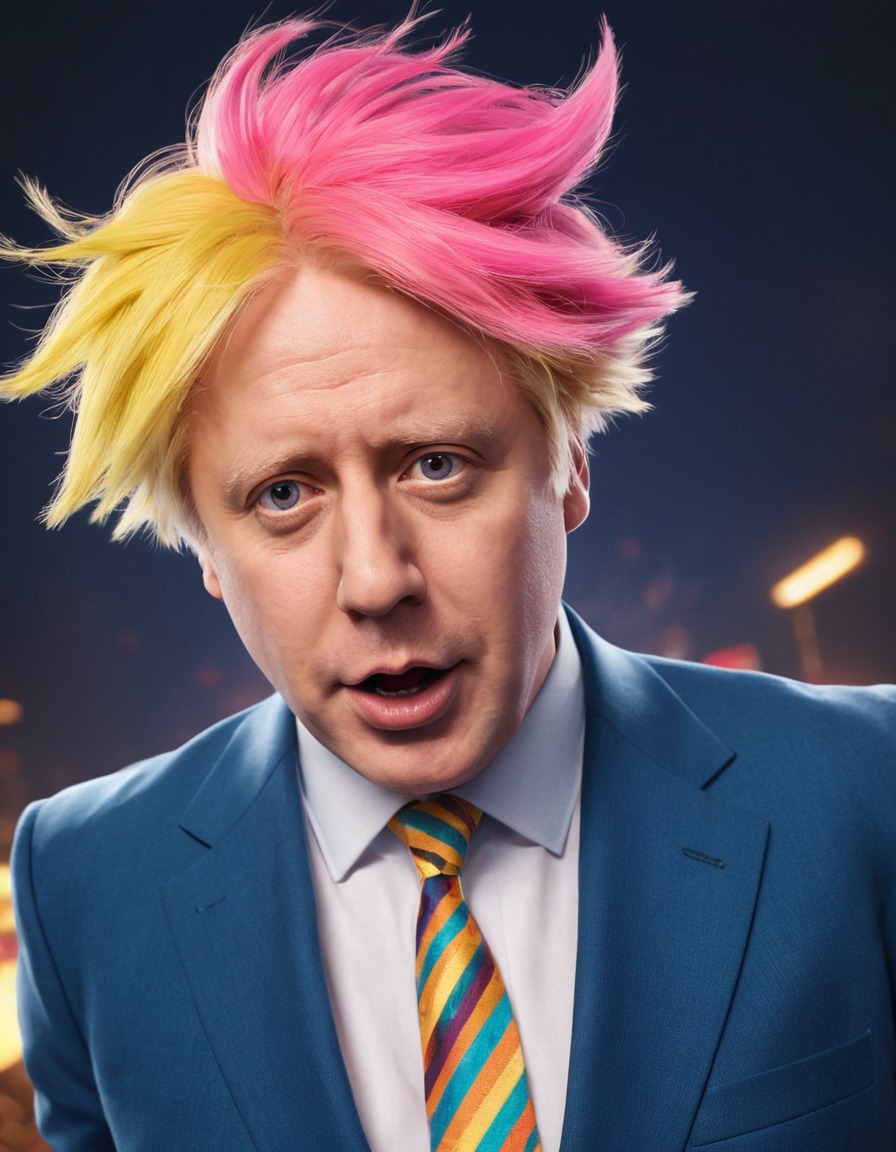 anime, boris johnson, vibrant suit, chaotic hairstyle, politics