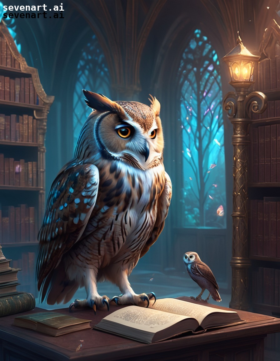 fantasy, magical, library, wise creatures, shimmering feathers