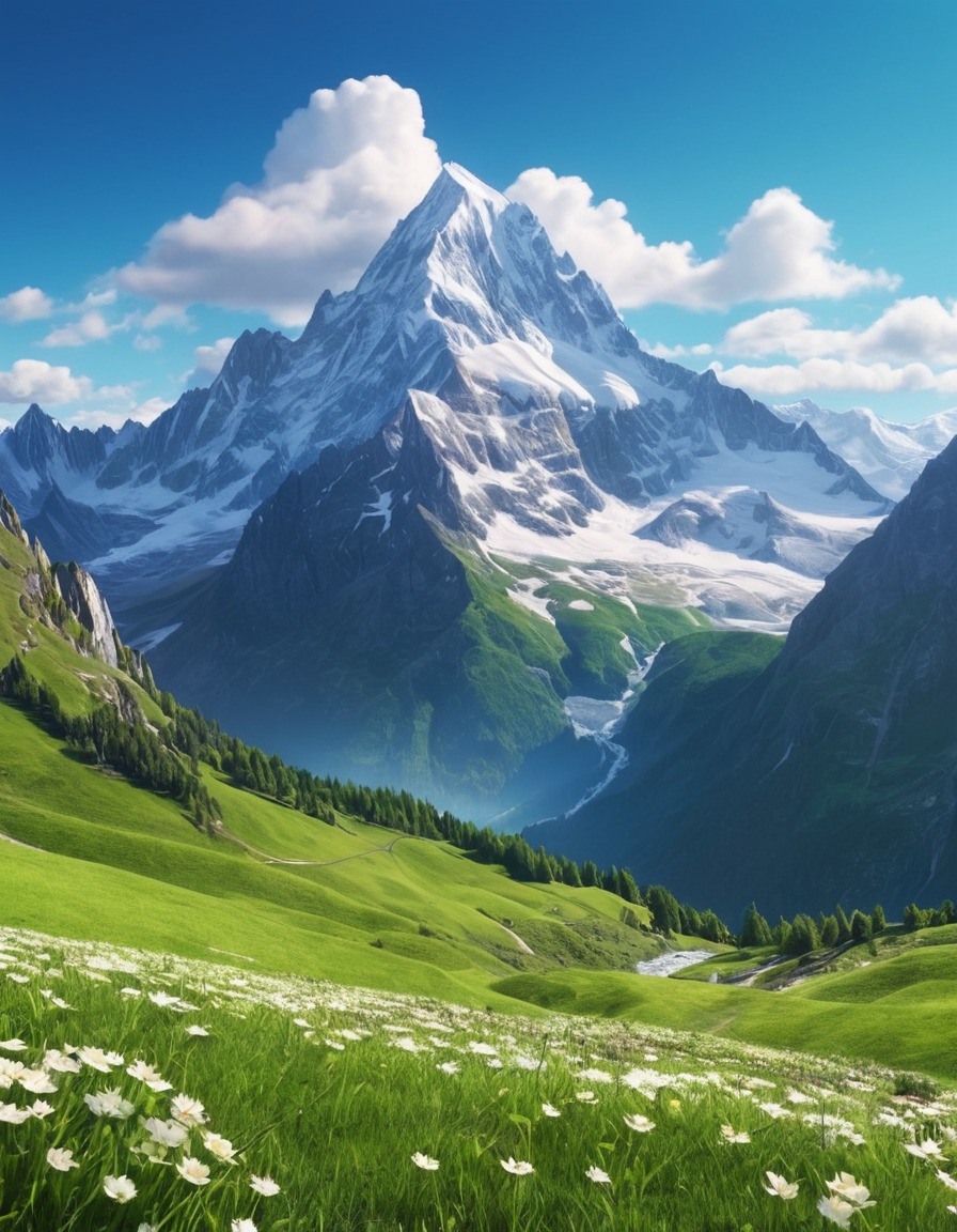 mountains, snow-capped peak, valley, lush green, clear sky, contrast