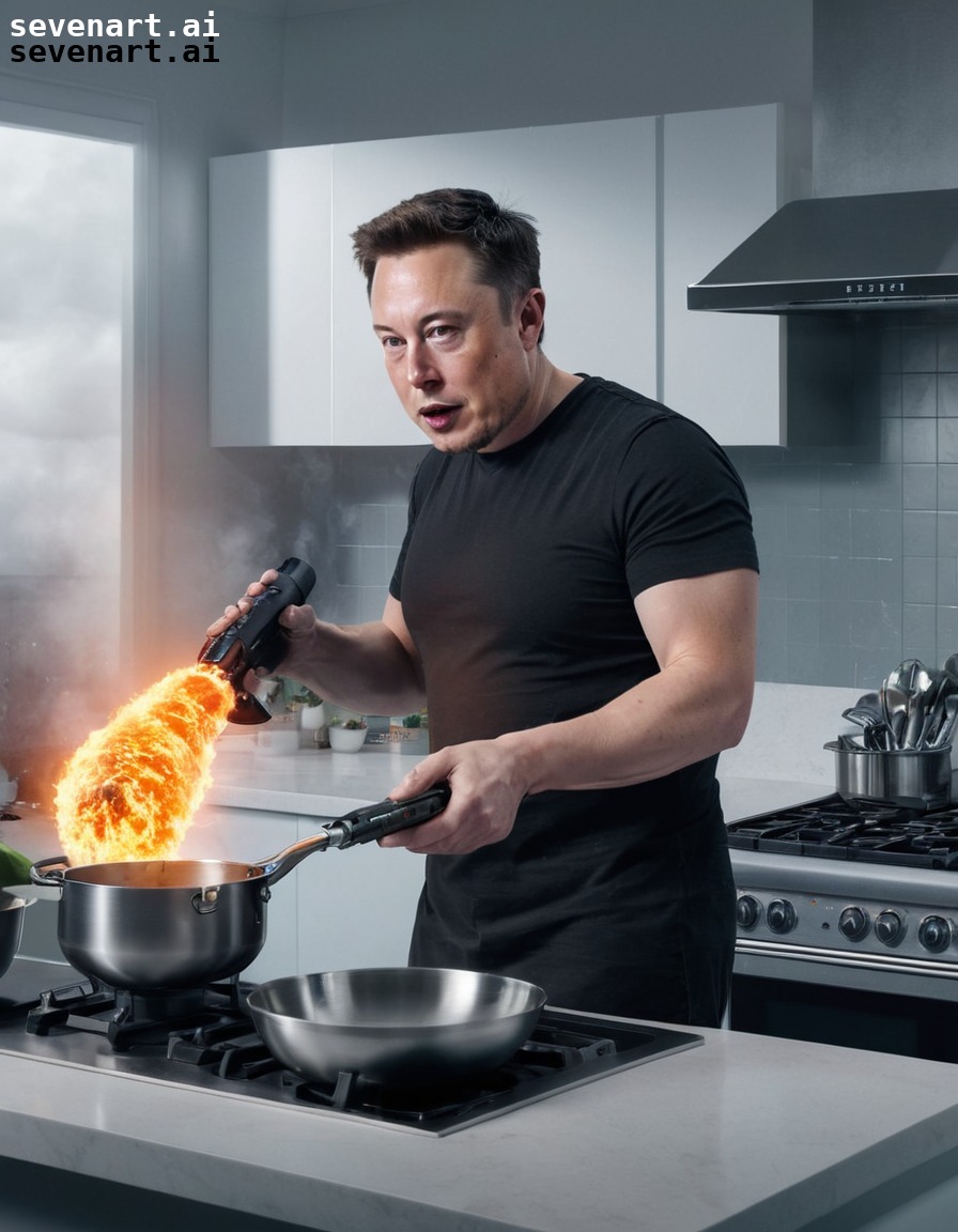 Elon Musk in a futuristic kitchen, cooking up dishes with his ...