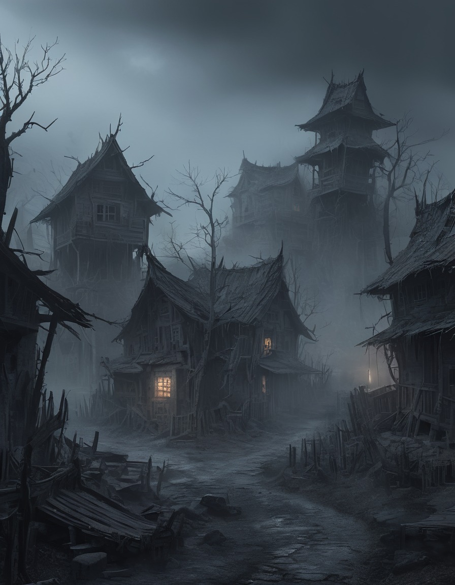 cursed village, dilapidated buildings, thick mist, eerie atmosphere, gothic, underground, dark