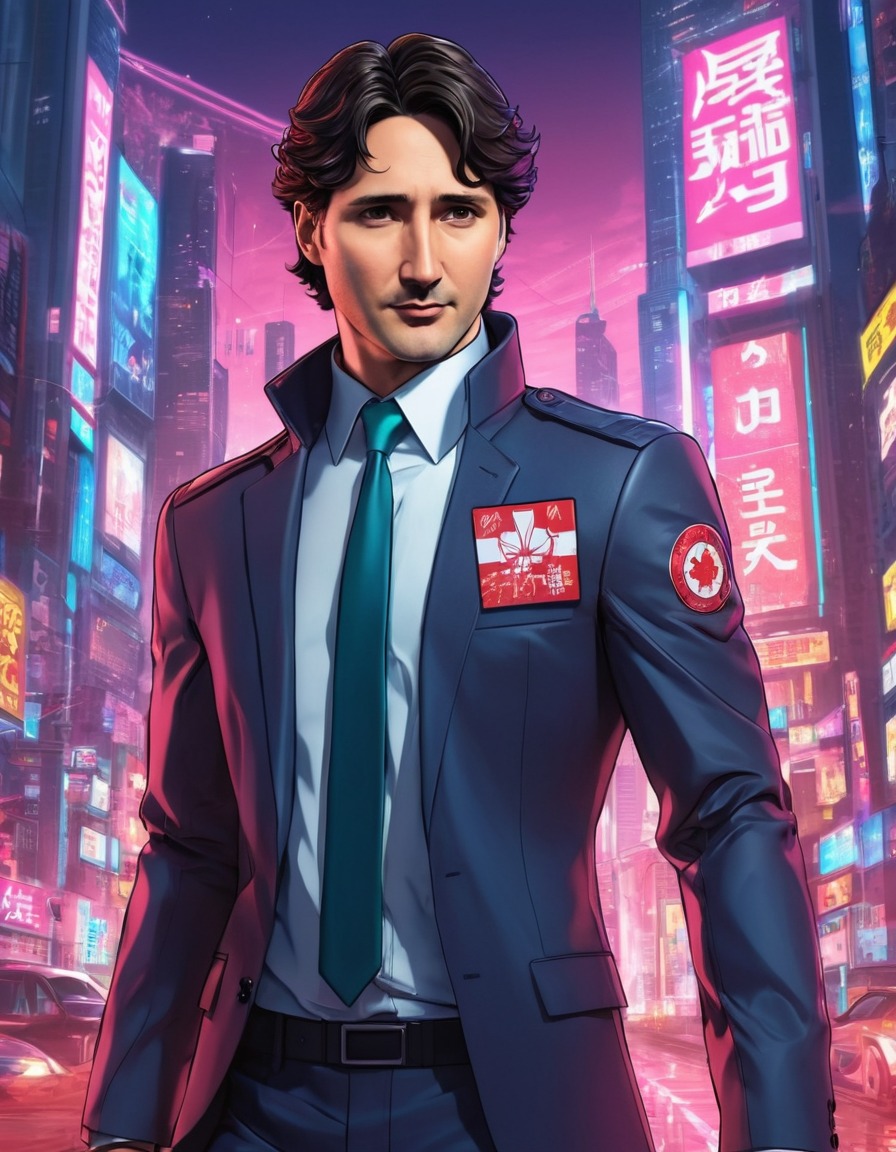 justin trudeau, cyberpunk, futuristic, anime, hero, justice, politics