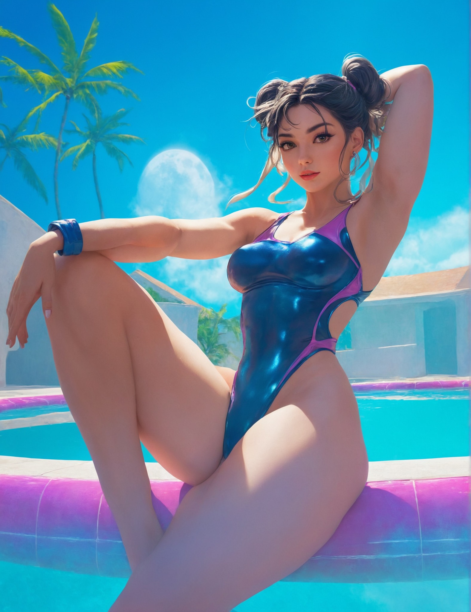 chun-li, street fighter, art, purple, pink, neon, sexy, blue, anime