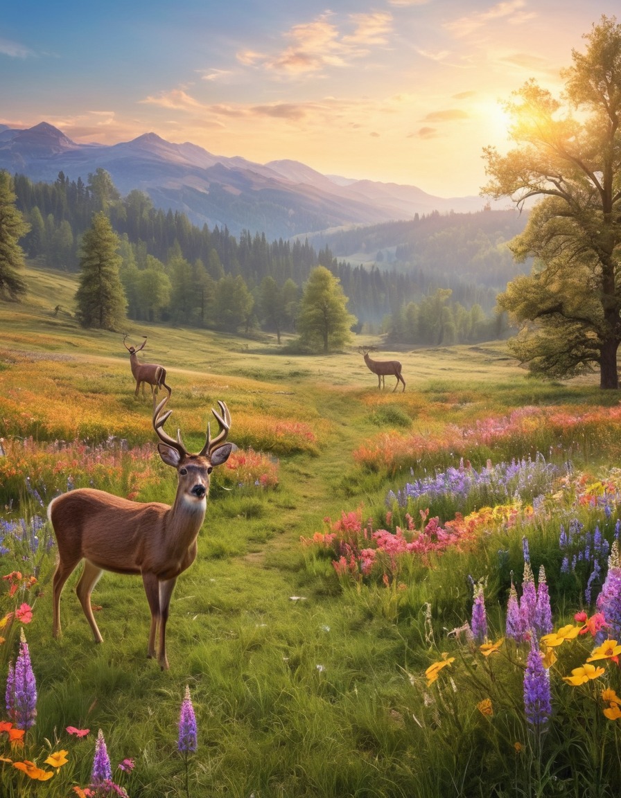 nature, wildlife, meadow, wildflowers, deer