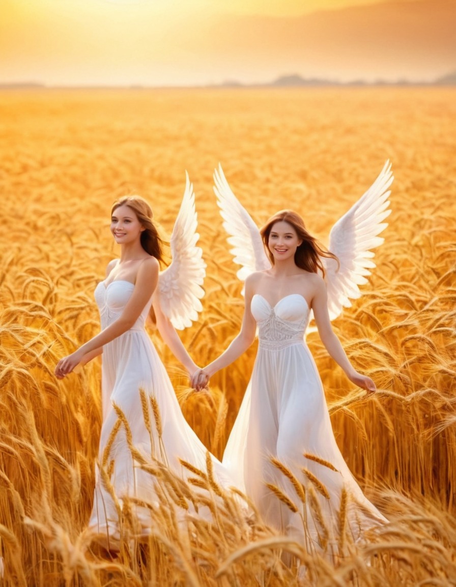 heaven, angels, golden wheat fields, religious, divine beings, afterlife, eternal peace