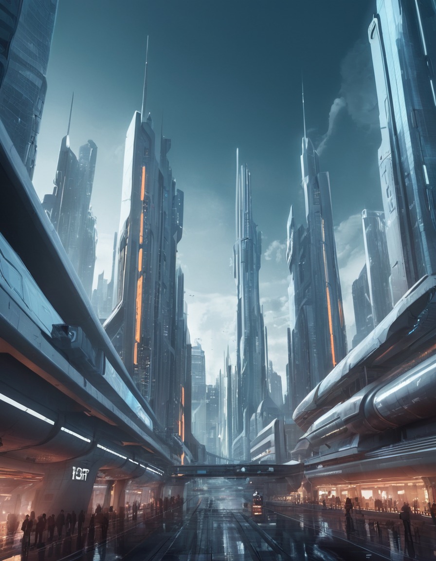 futuristic, cityscape, metallic, buildings, technology