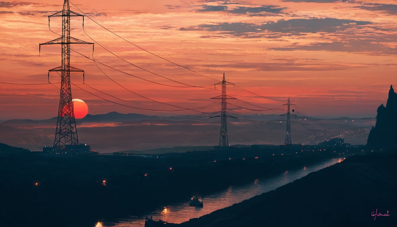 building, city, clouds, digital, electricity, environments, forest, game, indie, industrial, landscape, light, oil, painting, print, red, reflection, river, scape, scenery, sky, sundown, sunset, tower, wallpaper, art, aenami