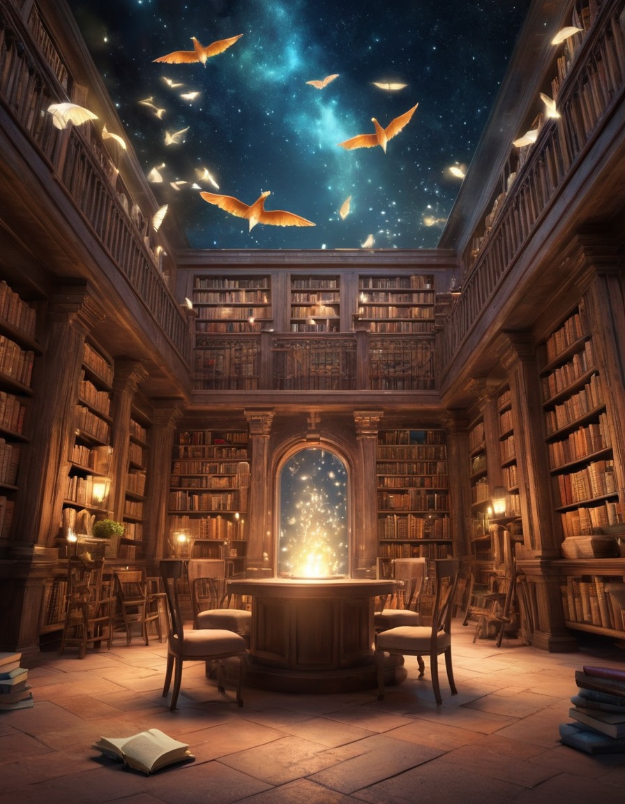 magical library, flying books, self-reading, enchanted scene, fantasy setting, visitor experience, literary magic