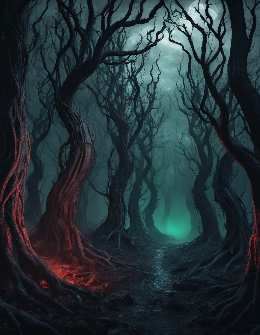 dark, creepy, forest, sinister, twisted trees, glowing eyes, mysterious, gothic, underground