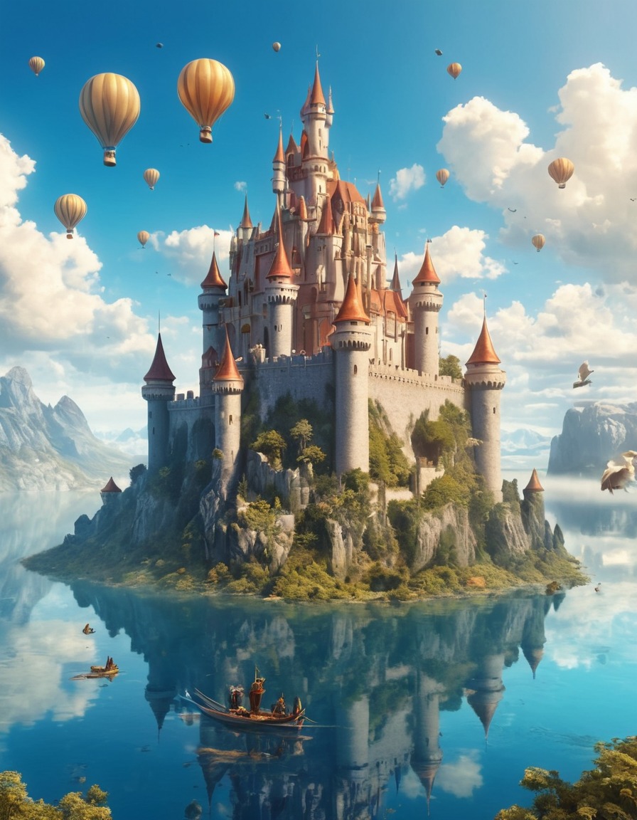 castle, fantasy, floating, sky, creatures, fantastic