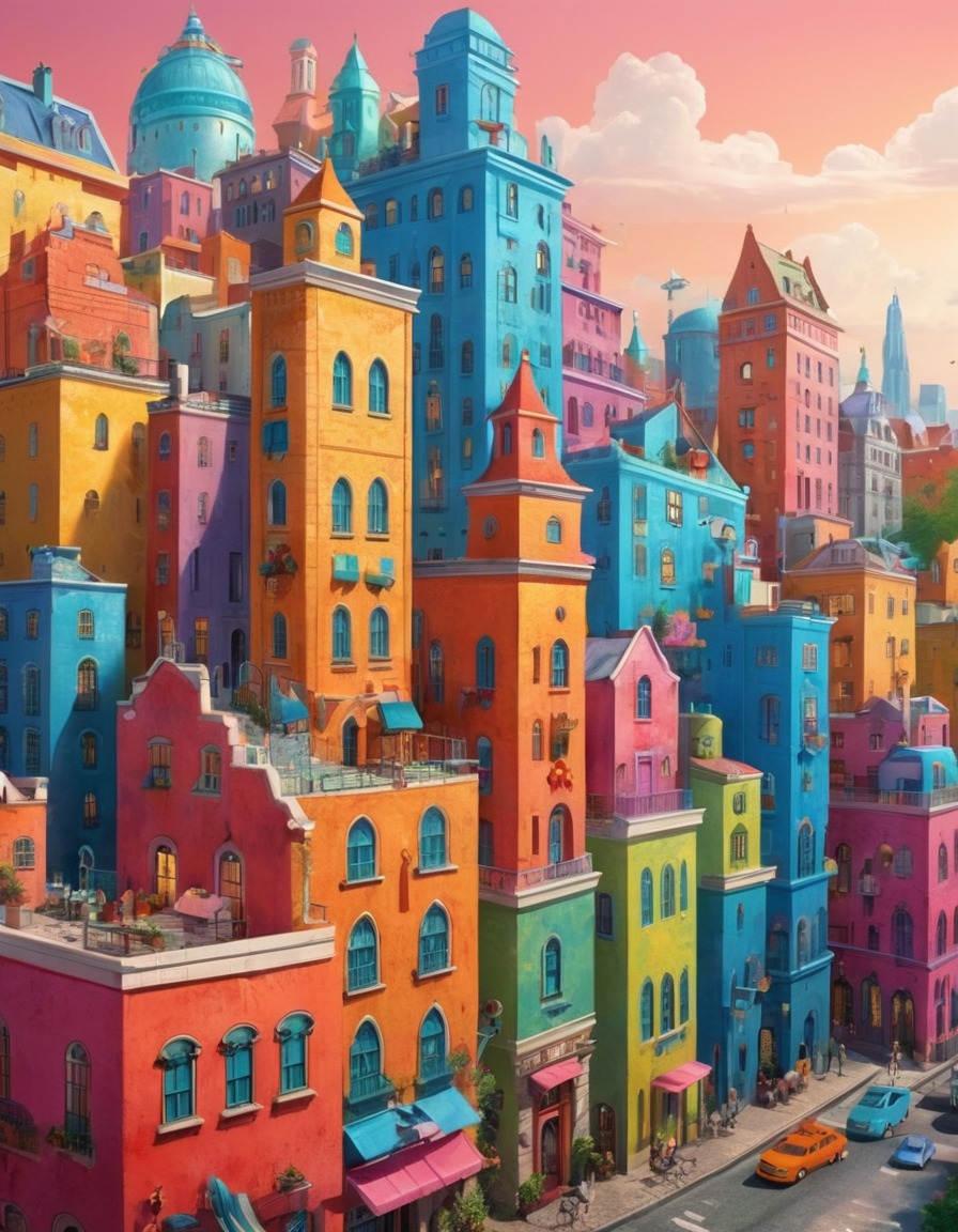 cityscape, eclectic, colorful buildings, architectural design, architecture