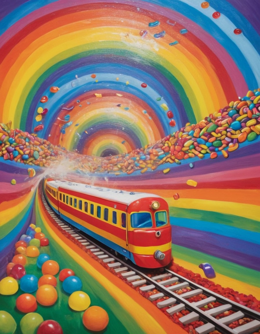 train, candy, rainbow, tunnel, surreal