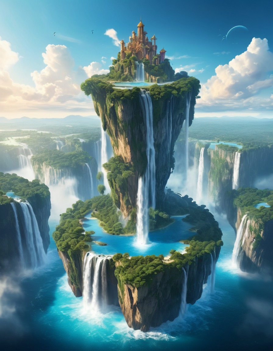 floating island, sky, waterfalls, fantasy, mystical, scenery