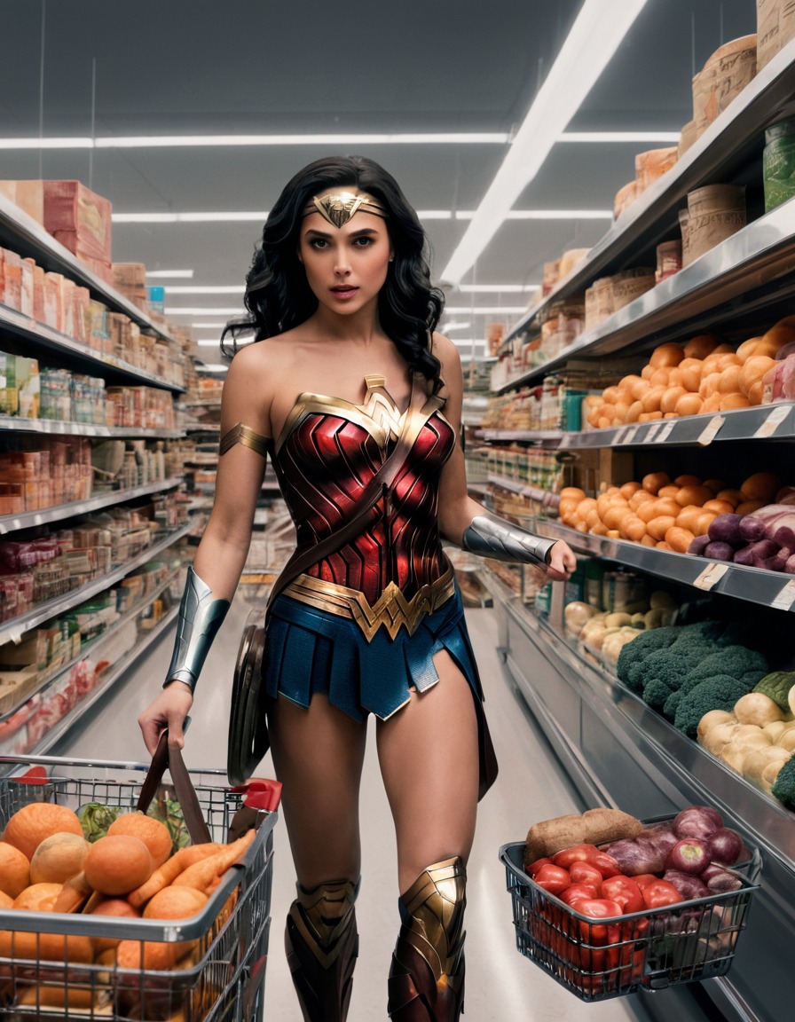 wonder woman, potluck dinner, grocery shopping, justice league, superheroes, superhero, superheroine, bikini