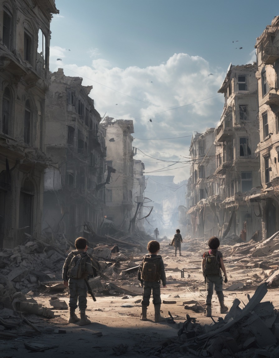 children, playing, war, city, devastation